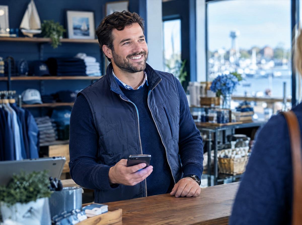 A local shop owner helping a customer while Ana covers the phone